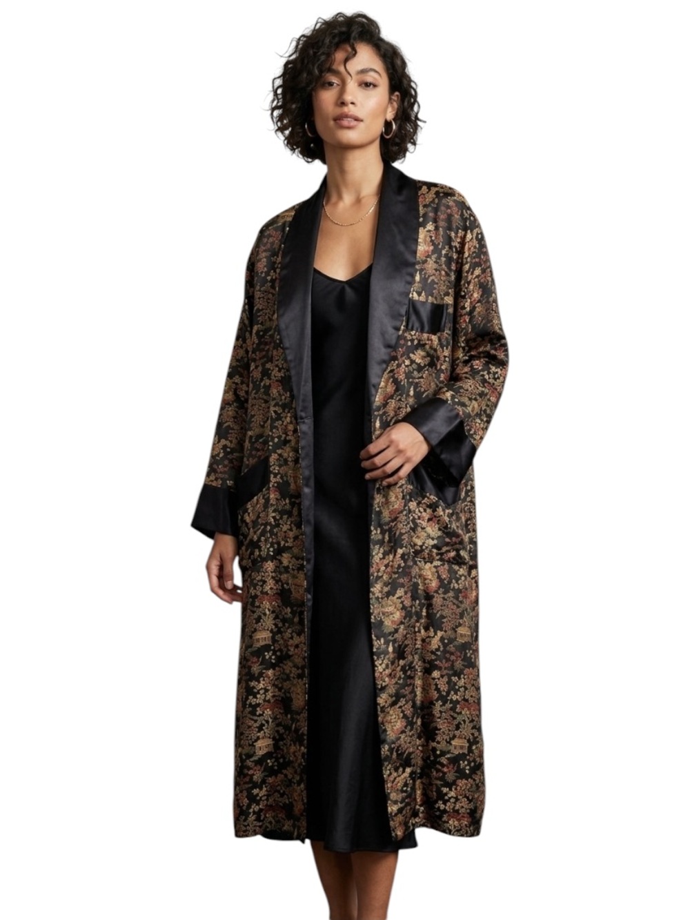 Cathaya Silk Vintage Metallic Brocade Floral Duster Robe Jacket